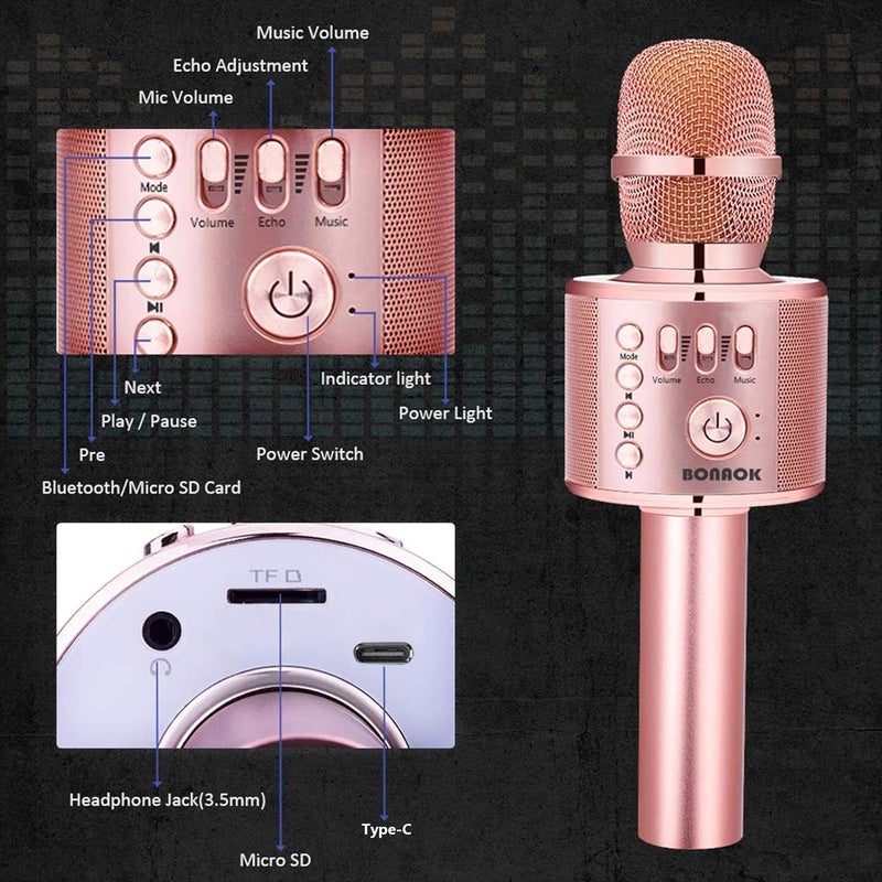 BONAOK Wireless Bluetooth Karaoke Microphone, 3-in-1 Portable Handheld Mic Speaker Machine for All Smartphones,Gifts to Girls, Boys Kids Adults All Age Q37(Champagne) - Image 4